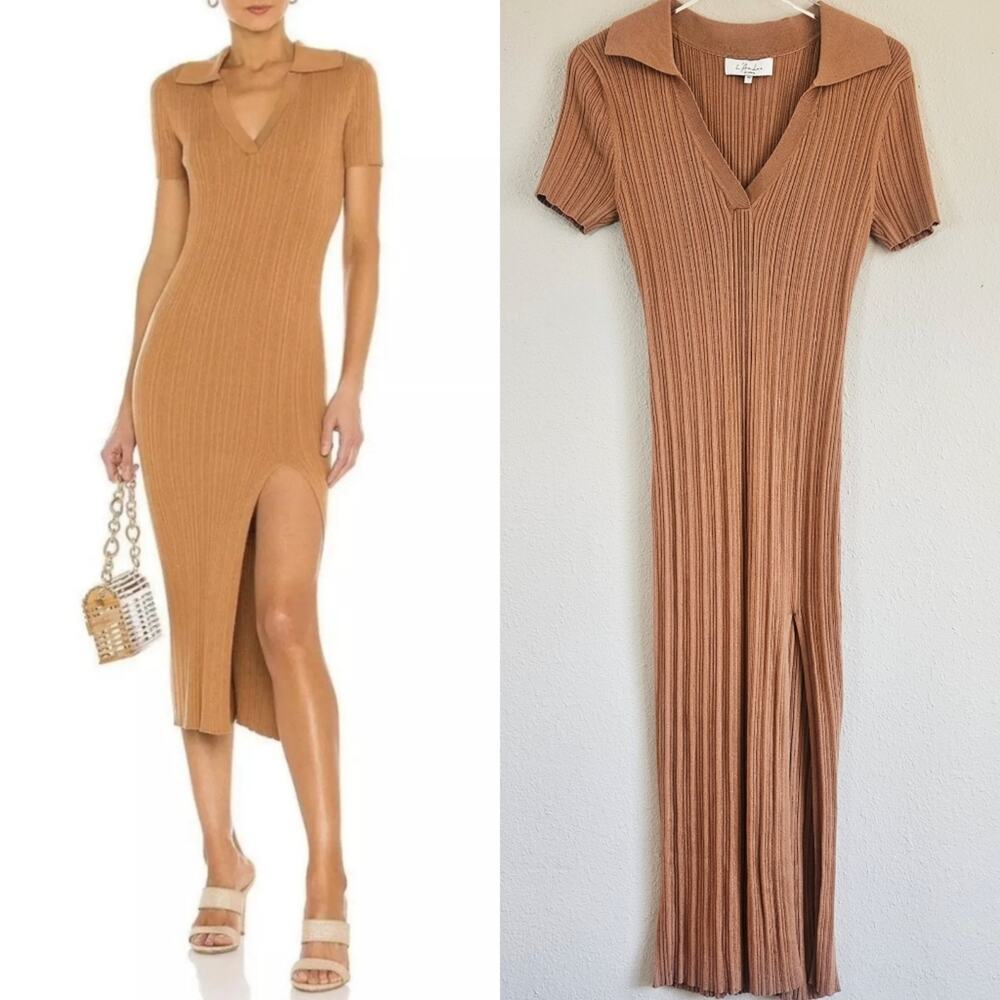 L'Academie Robe Pull‎ Geneva Dress in Camel Size Large Ribbed Midi with Slit NEW